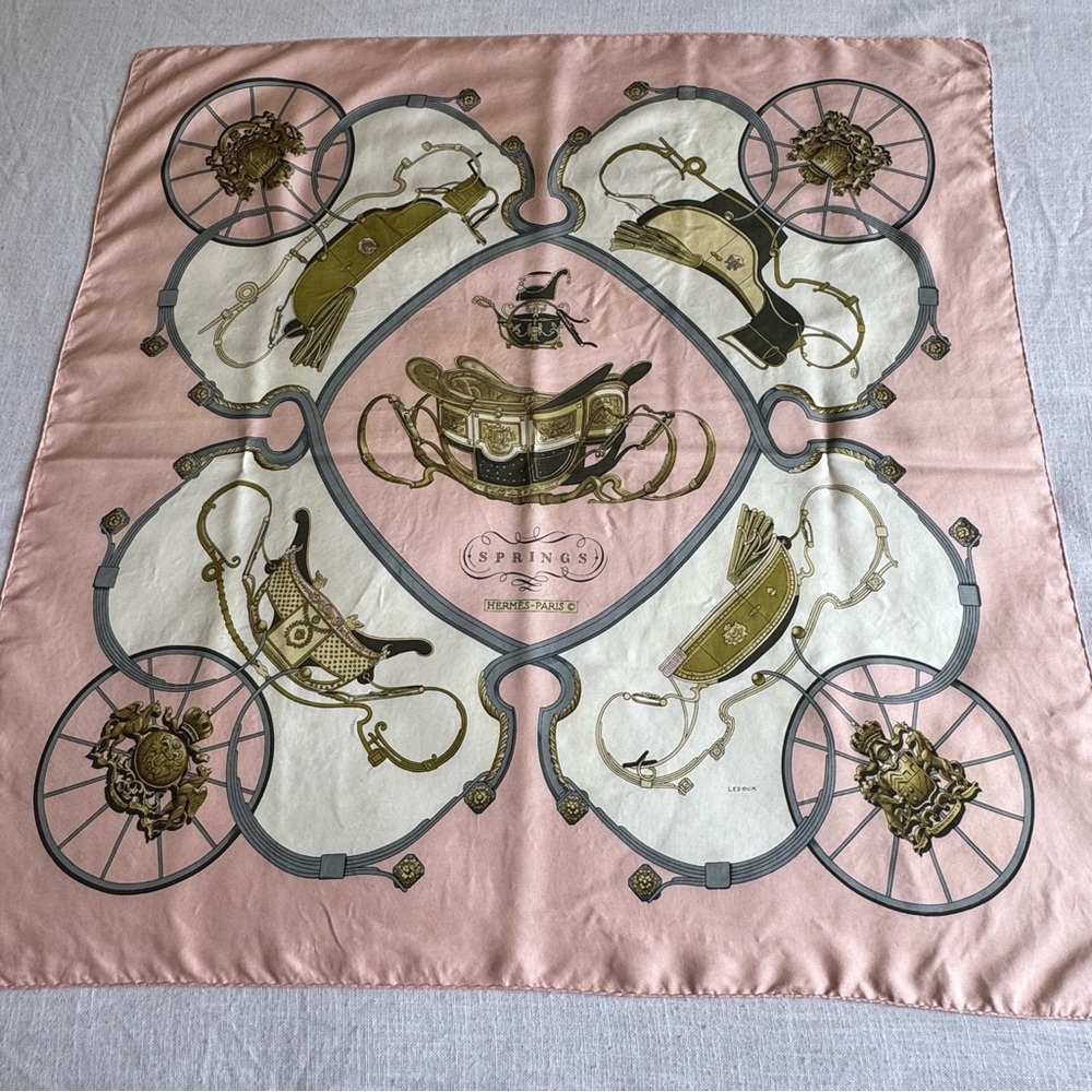 •Hermes Springs Vintage Signed Silk Scarf by Philippe LeDoux Hand-rolled 34”x35”